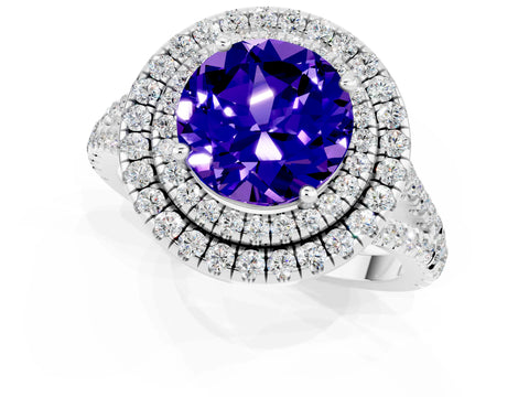 White gold Round Cut Tanzanite Double Halo Ring with Pavé Band and Prong Setting_13