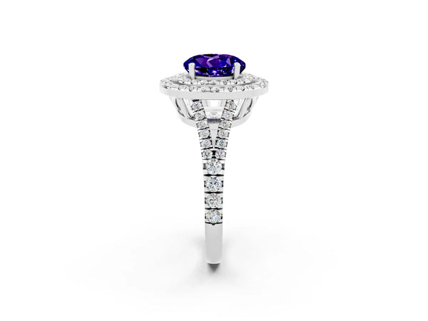 Silver Round Cut Tanzanite Double Halo Ring with Pavé Band and Prong Setting