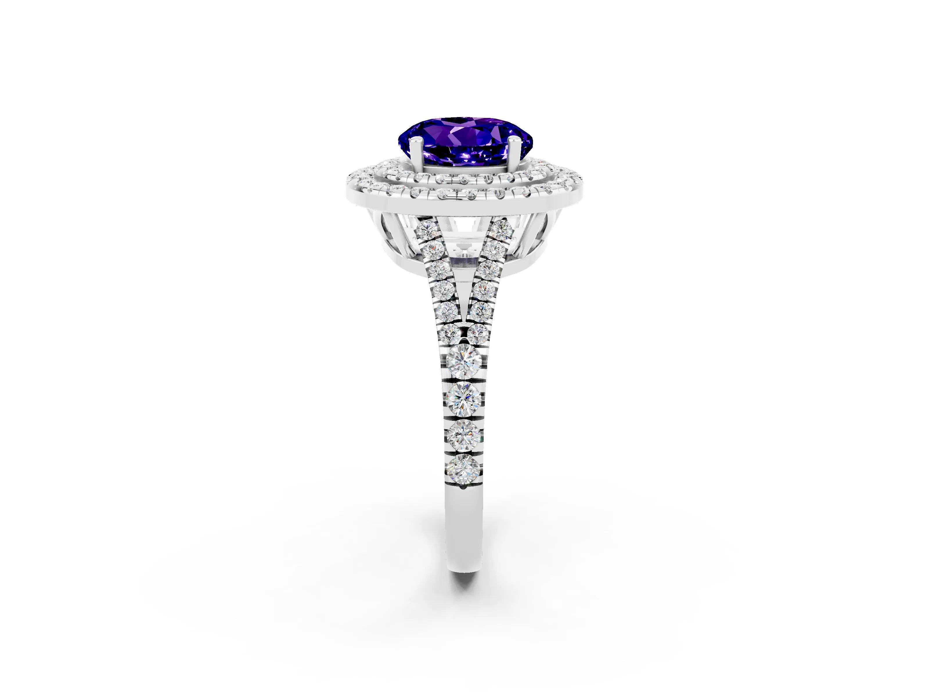 White gold Round Cut Tanzanite Double Halo Ring with Pavé Band and Prong Setting_14