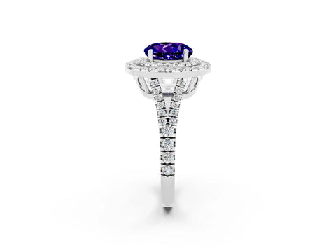 White gold Round Cut Tanzanite Double Halo Ring with Pavé Band and Prong Setting_14