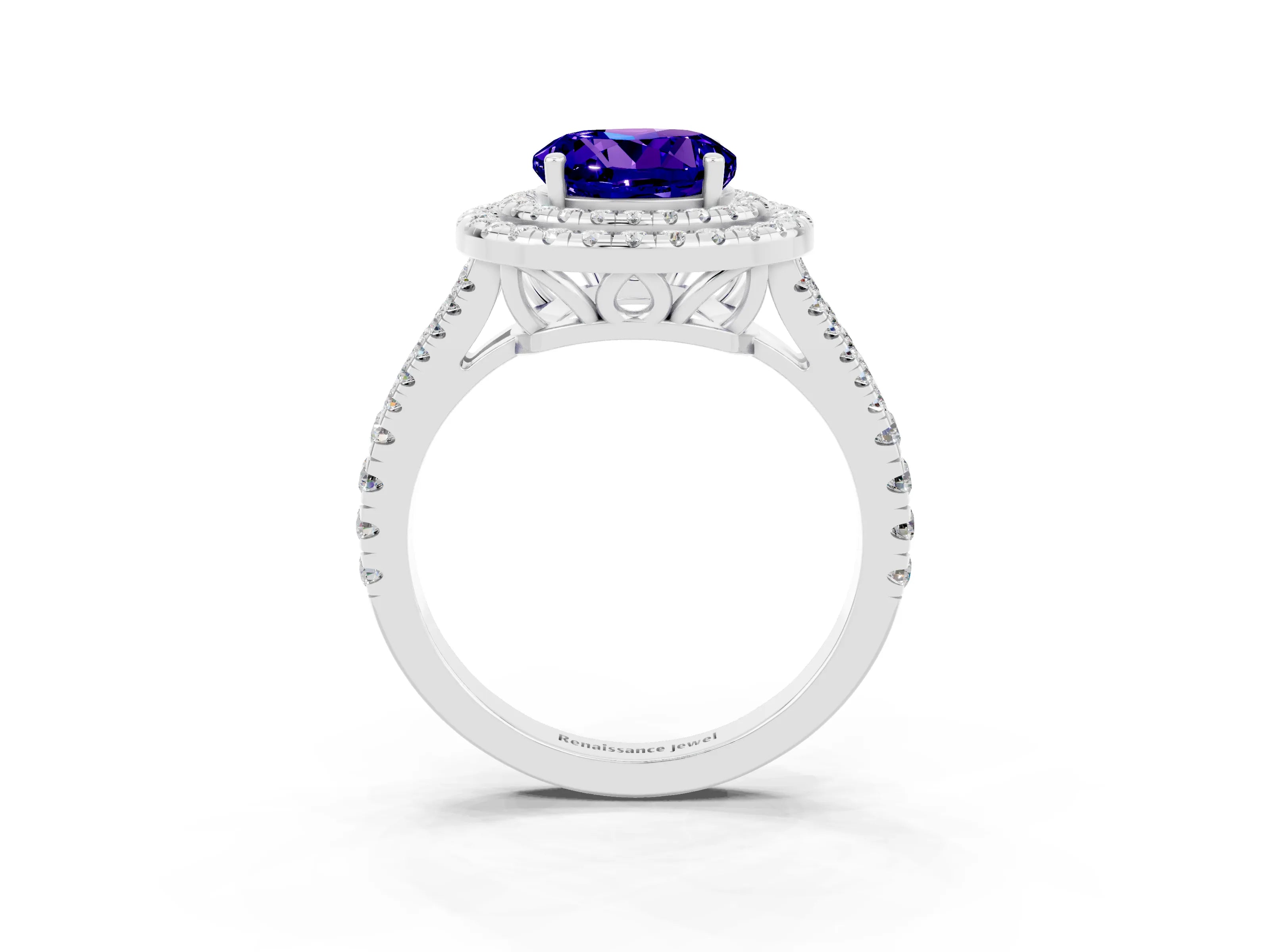 White gold Round Cut Tanzanite Double Halo Ring with Pavé Band and Prong Setting_15