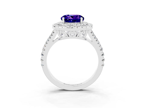 White gold Round Cut Tanzanite Double Halo Ring with Pavé Band and Prong Setting_15