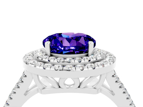 White gold Round Cut Tanzanite Double Halo Ring with Pavé Band and Prong Setting_16