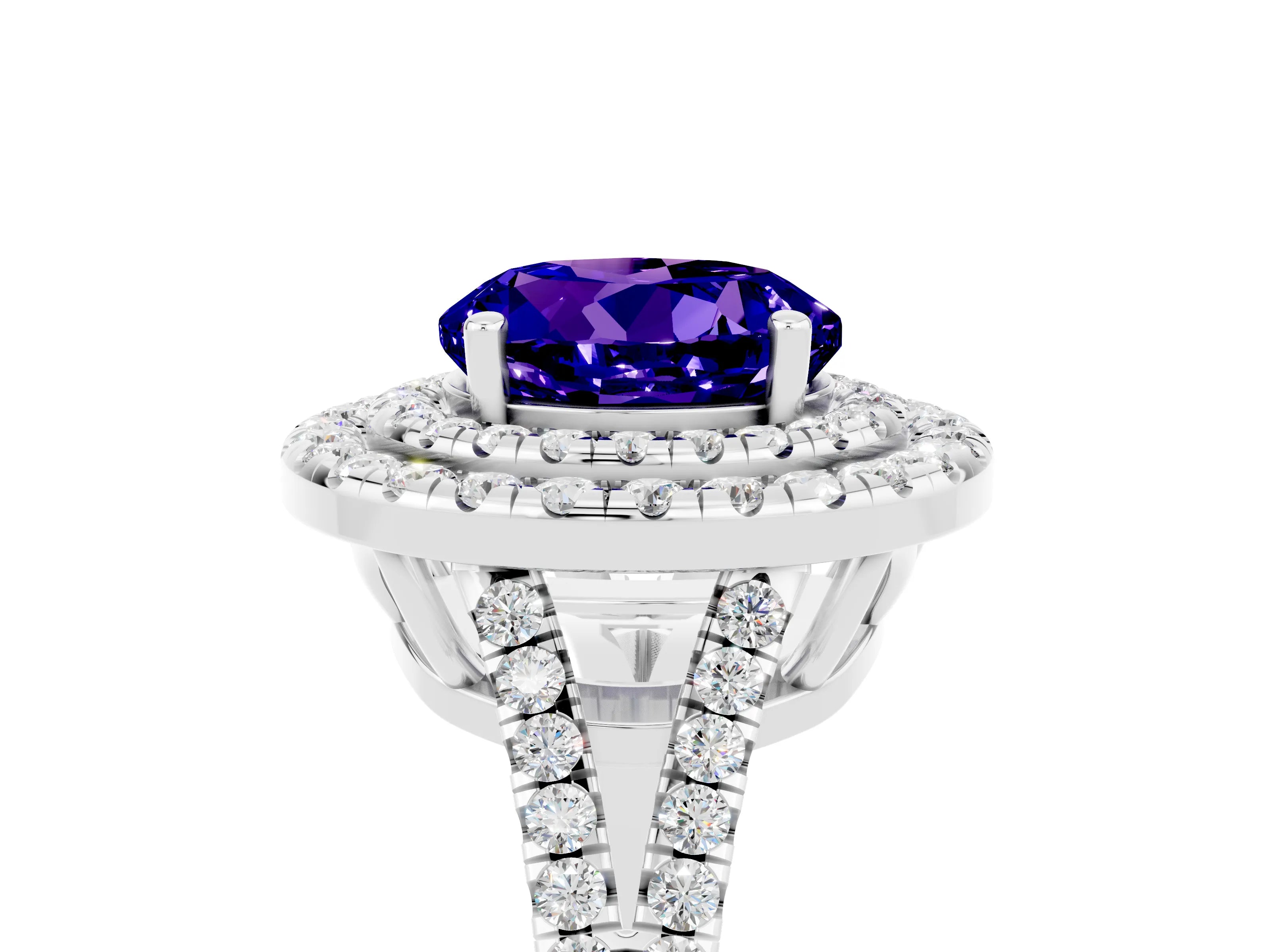 White gold Round Cut Tanzanite Double Halo Ring with Pavé Band and Prong Setting_17