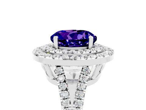 White gold Round Cut Tanzanite Double Halo Ring with Pavé Band and Prong Setting_17