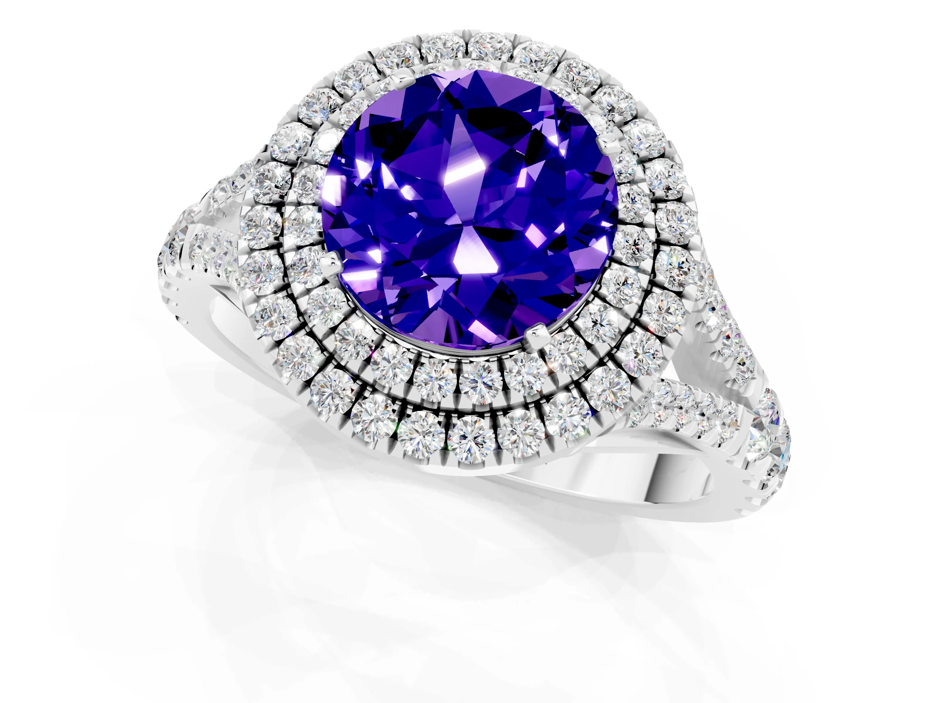 White gold Round Cut Tanzanite Double Halo Ring with Split Shank and Prong Setting_13