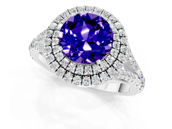 Platinum Round Cut Tanzanite Double Halo Ring with Split Shank and Prong Setting