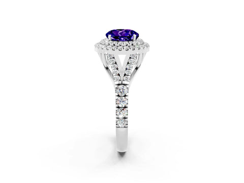 White gold Round Cut Tanzanite Double Halo Ring with Split Shank and Prong Setting_14