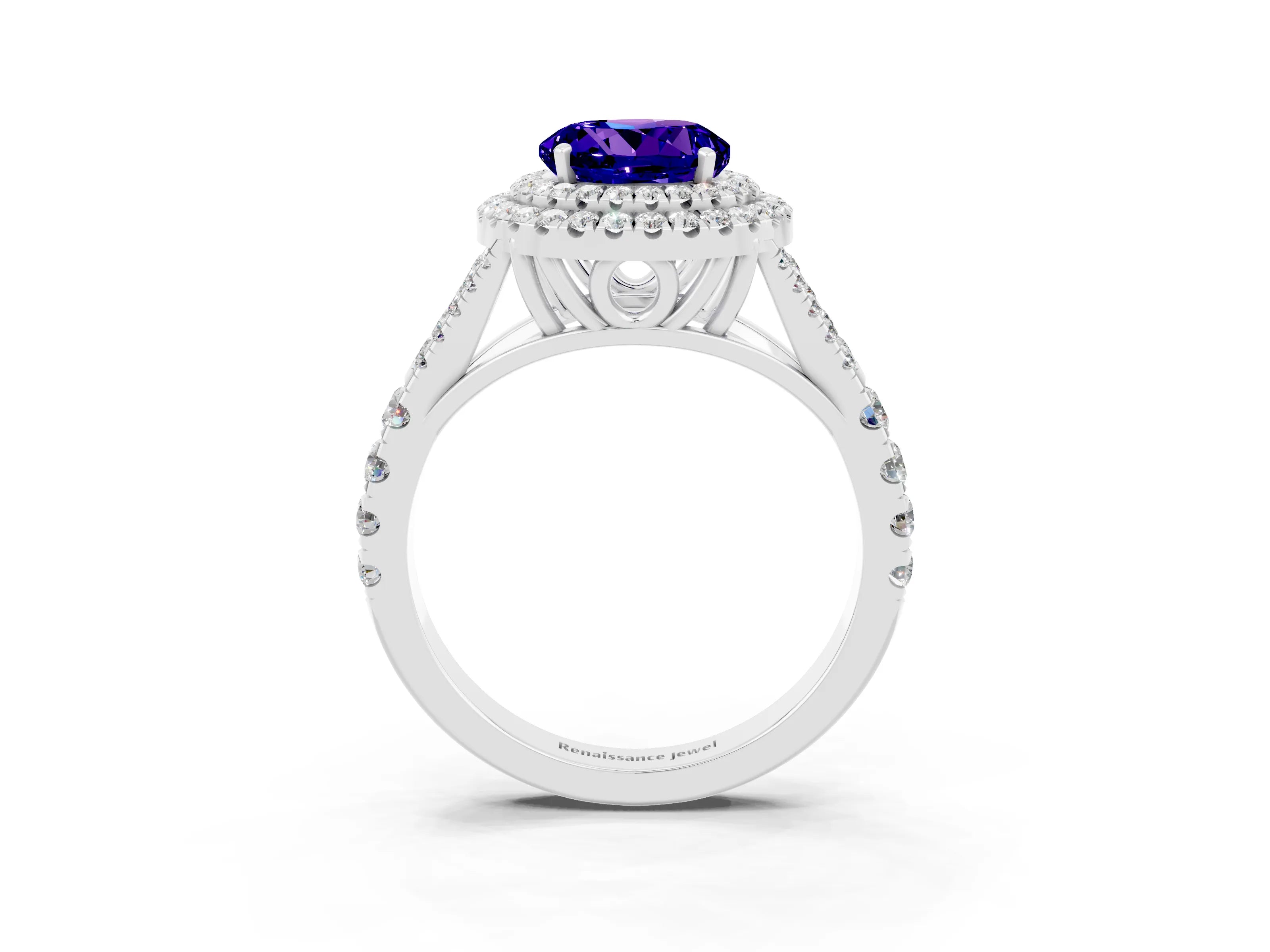 White gold Round Cut Tanzanite Double Halo Ring with Split Shank and Prong Setting_15