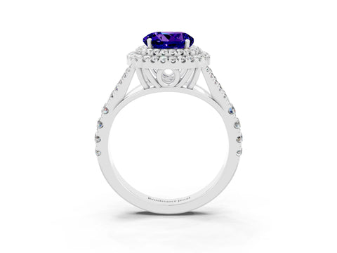White gold Round Cut Tanzanite Double Halo Ring with Split Shank and Prong Setting_15
