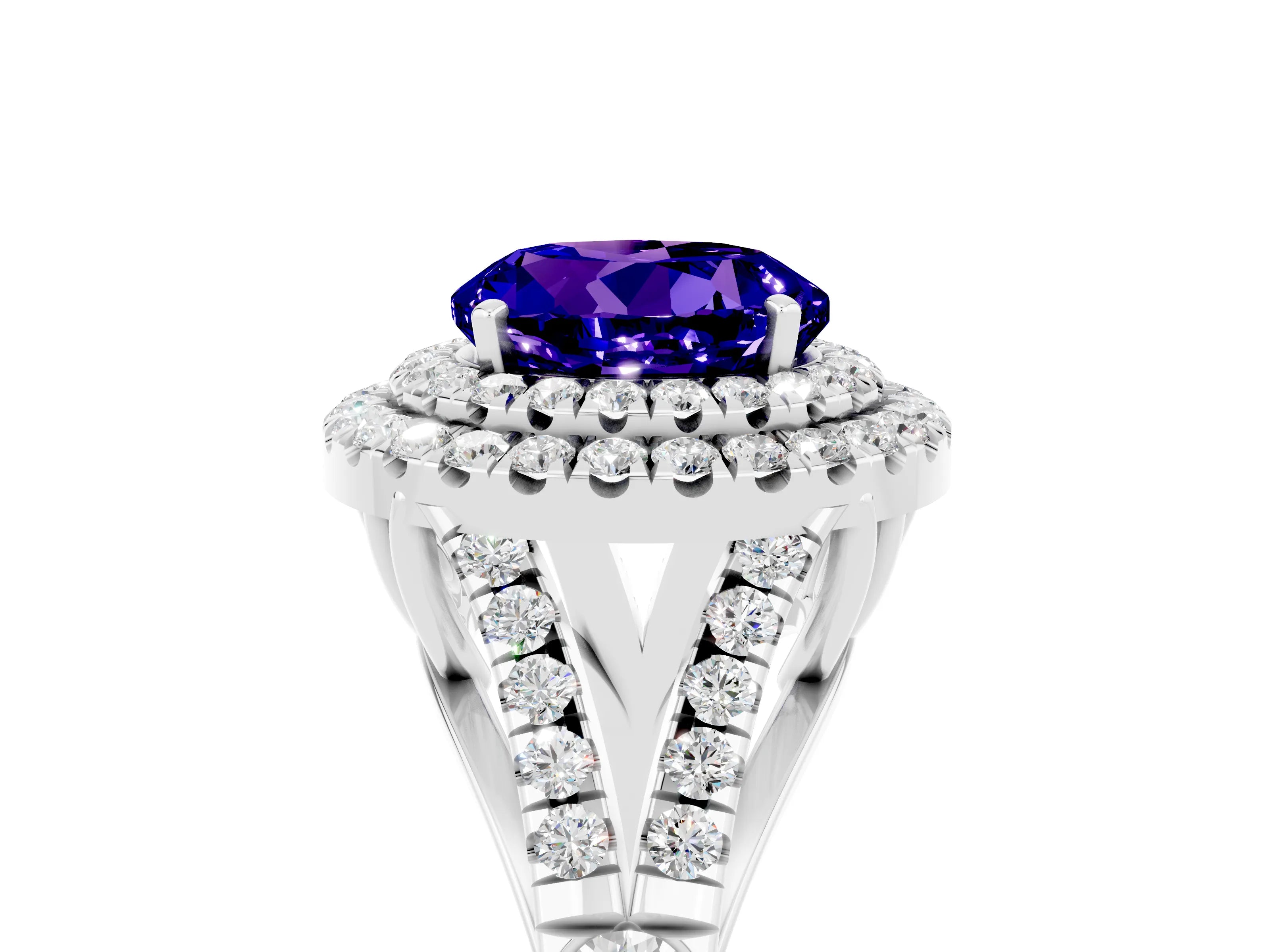 White gold Round Cut Tanzanite Double Halo Ring with Split Shank and Prong Setting_17