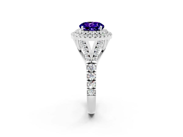 White gold Round Cut Tanzanite Double Halo Ring with Split Shank and Prong Setting