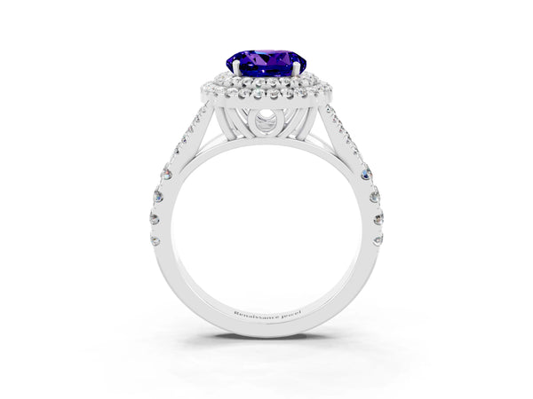 White gold Round Cut Tanzanite Double Halo Ring with Split Shank and Prong Setting