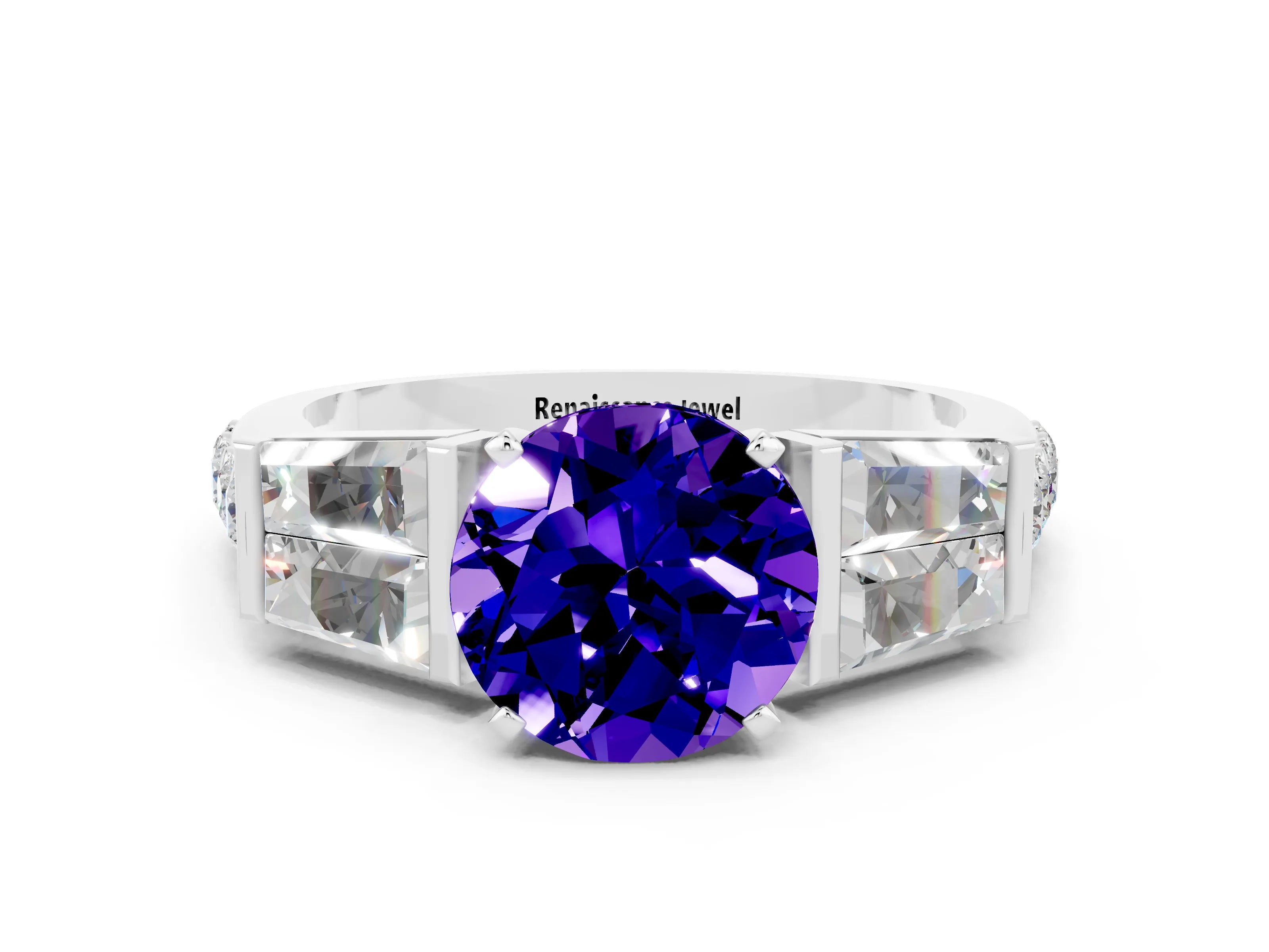 White gold Round Cut Tanzanite Engagement Ring with Baguette Side Stones and Channel Set Band