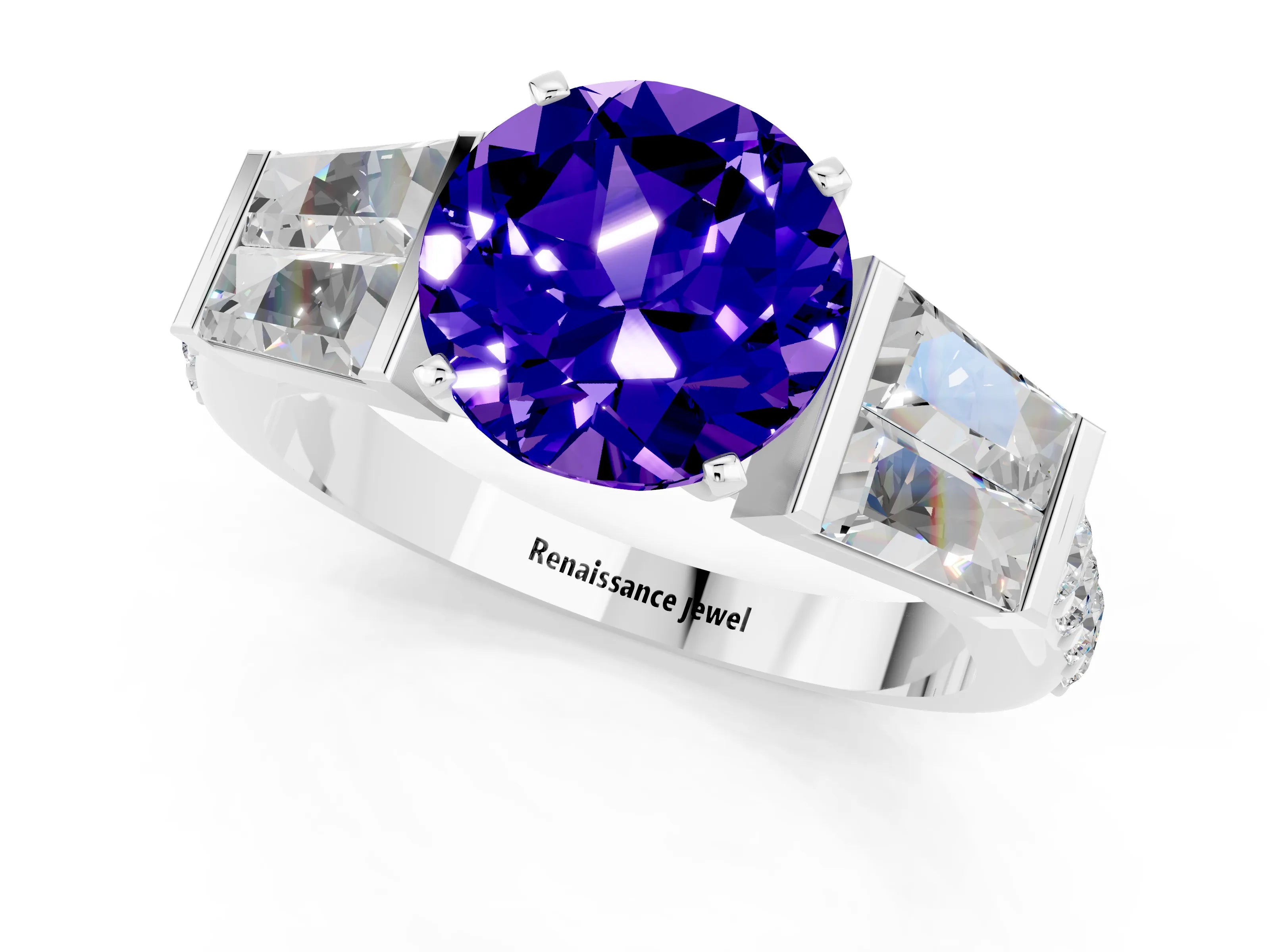 White gold Round Cut Tanzanite Engagement Ring with Baguette Side Stones and Channel Set Band_1