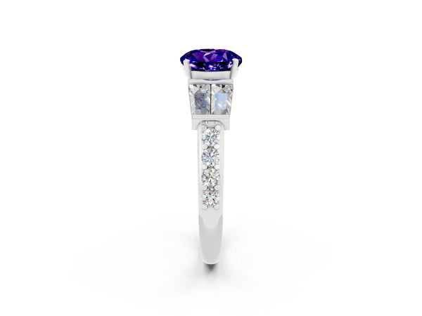 Silver Round Cut Tanzanite Engagement Ring with Baguette Side Stones and Channel Set Band