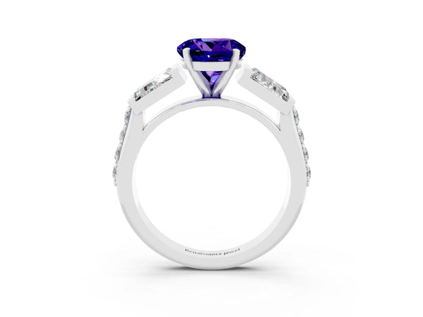 Platinum Round Cut Tanzanite Engagement Ring with Baguette Side Stones and Channel Set Band