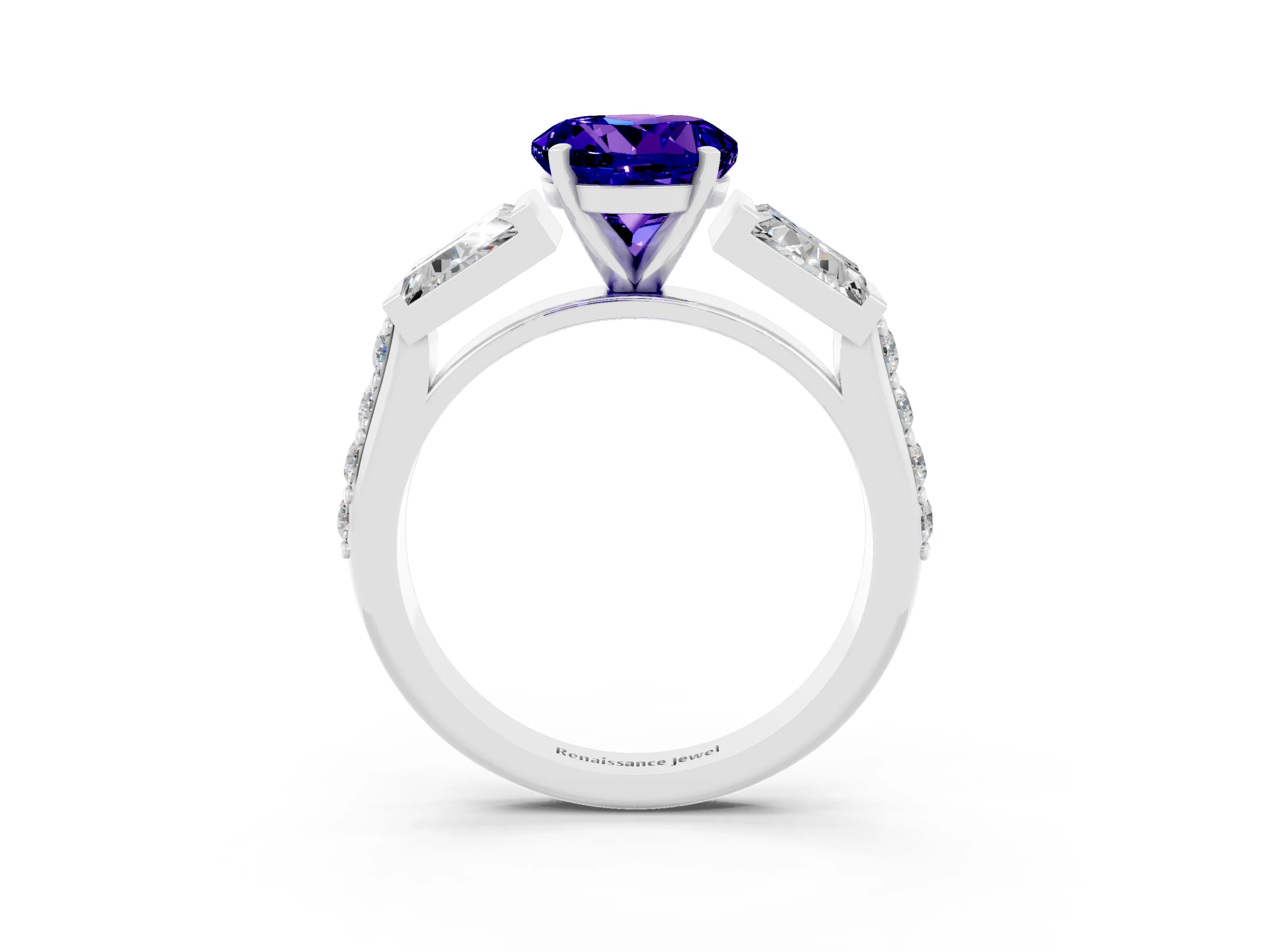 White gold Round Cut Tanzanite Engagement Ring with Baguette Side Stones and Channel Set Band_3