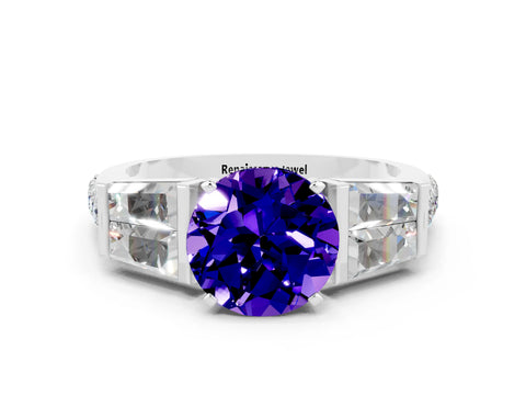 White gold Round Cut Tanzanite Engagement Ring with Baguette Side Stones and Channel Set Band