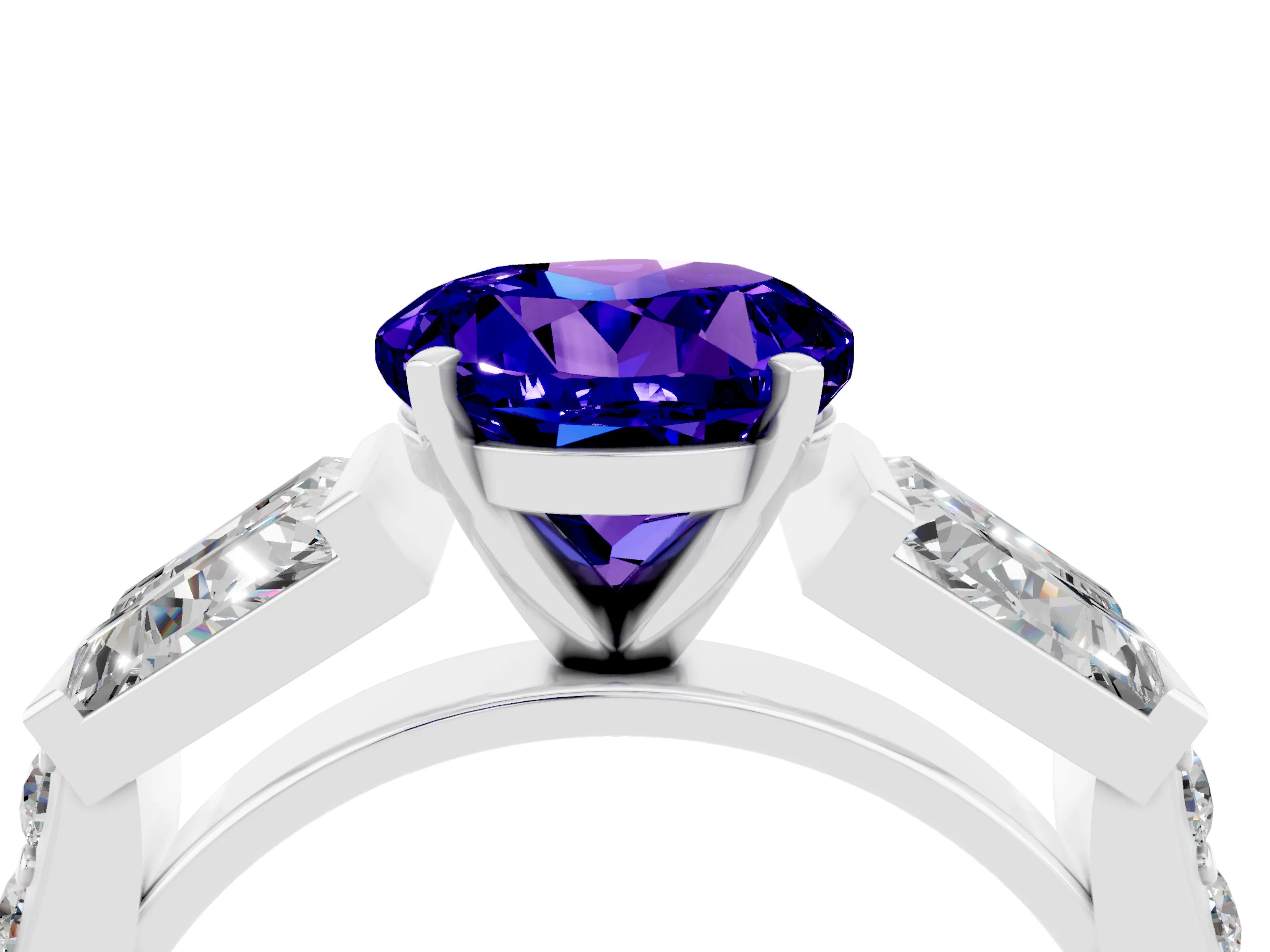 White gold Round Cut Tanzanite Engagement Ring with Baguette Side Stones and Channel Set Band_4