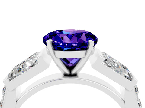 White gold Round Cut Tanzanite Engagement Ring with Baguette Side Stones and Channel Set Band_4