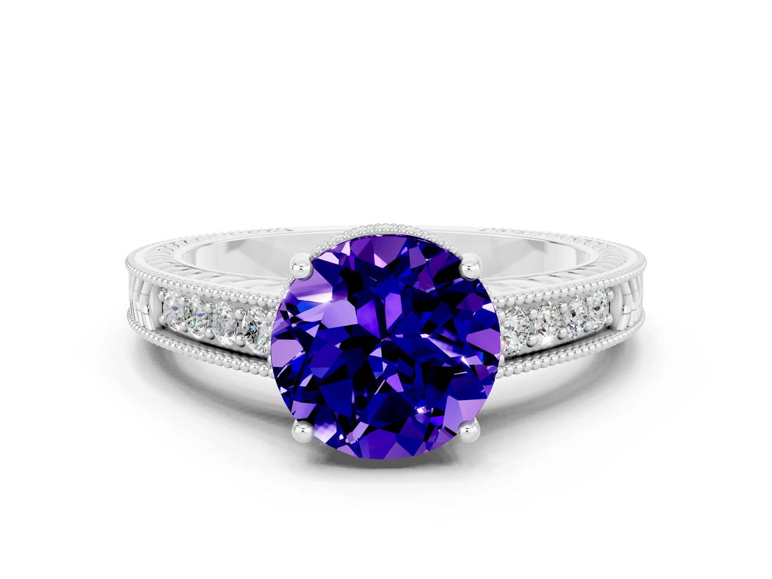 White gold Round Cut Tanzanite Engagement Ring with Milgrain Channel Set Band and Prong Setting