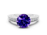 White gold Round Cut Tanzanite Engagement Ring with Milgrain Channel Set Band and Prong Setting