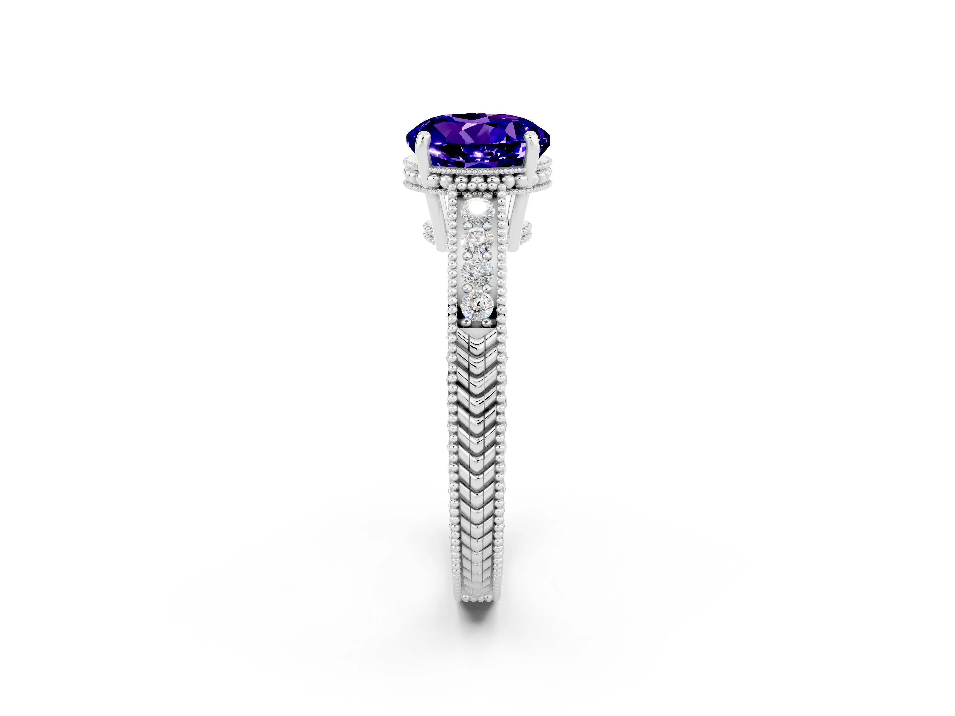 White gold Round Cut Tanzanite Engagement Ring with Milgrain Channel Set Band and Prong Setting_2
