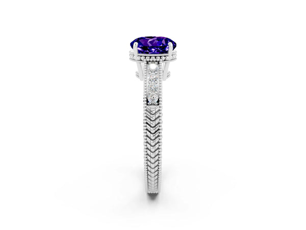 White gold Round Cut Tanzanite Engagement Ring with Milgrain Channel Set Band and Prong Setting
