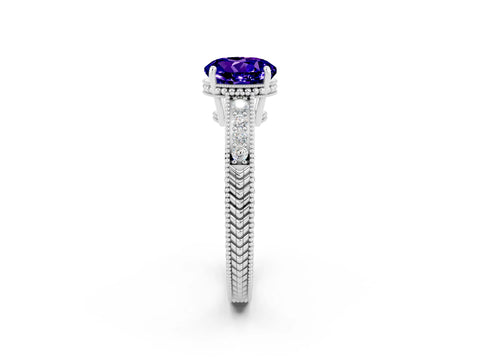 White gold Round Cut Tanzanite Engagement Ring with Milgrain Channel Set Band and Prong Setting_2