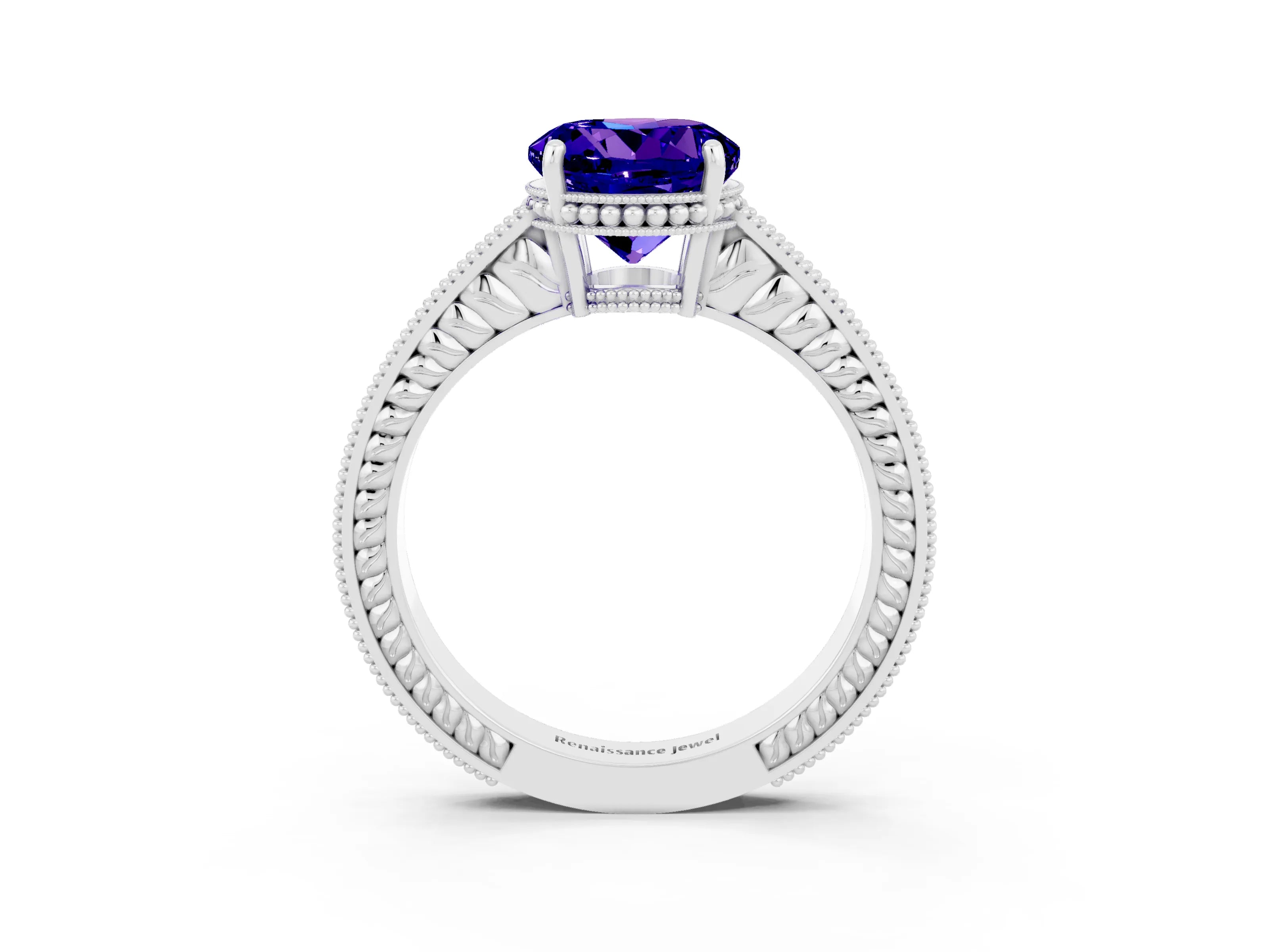 White gold Round Cut Tanzanite Engagement Ring with Milgrain Channel Set Band and Prong Setting_3