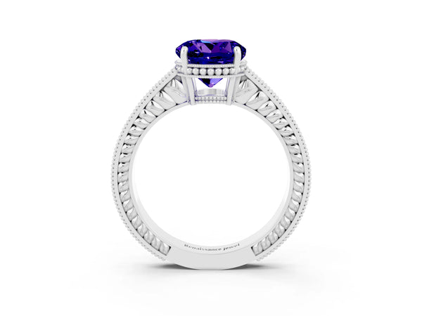 Silver Round Cut Tanzanite Engagement Ring with Milgrain Channel Set Band and Prong Setting