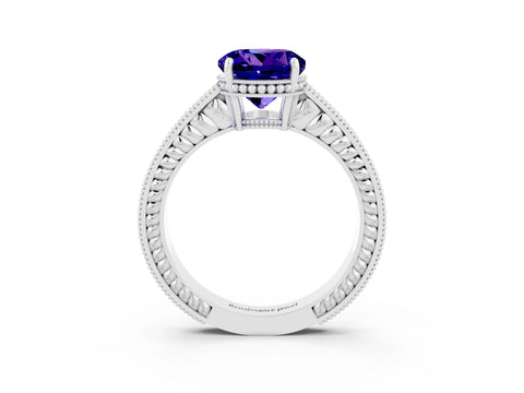 White gold Round Cut Tanzanite Engagement Ring with Milgrain Channel Set Band and Prong Setting_3