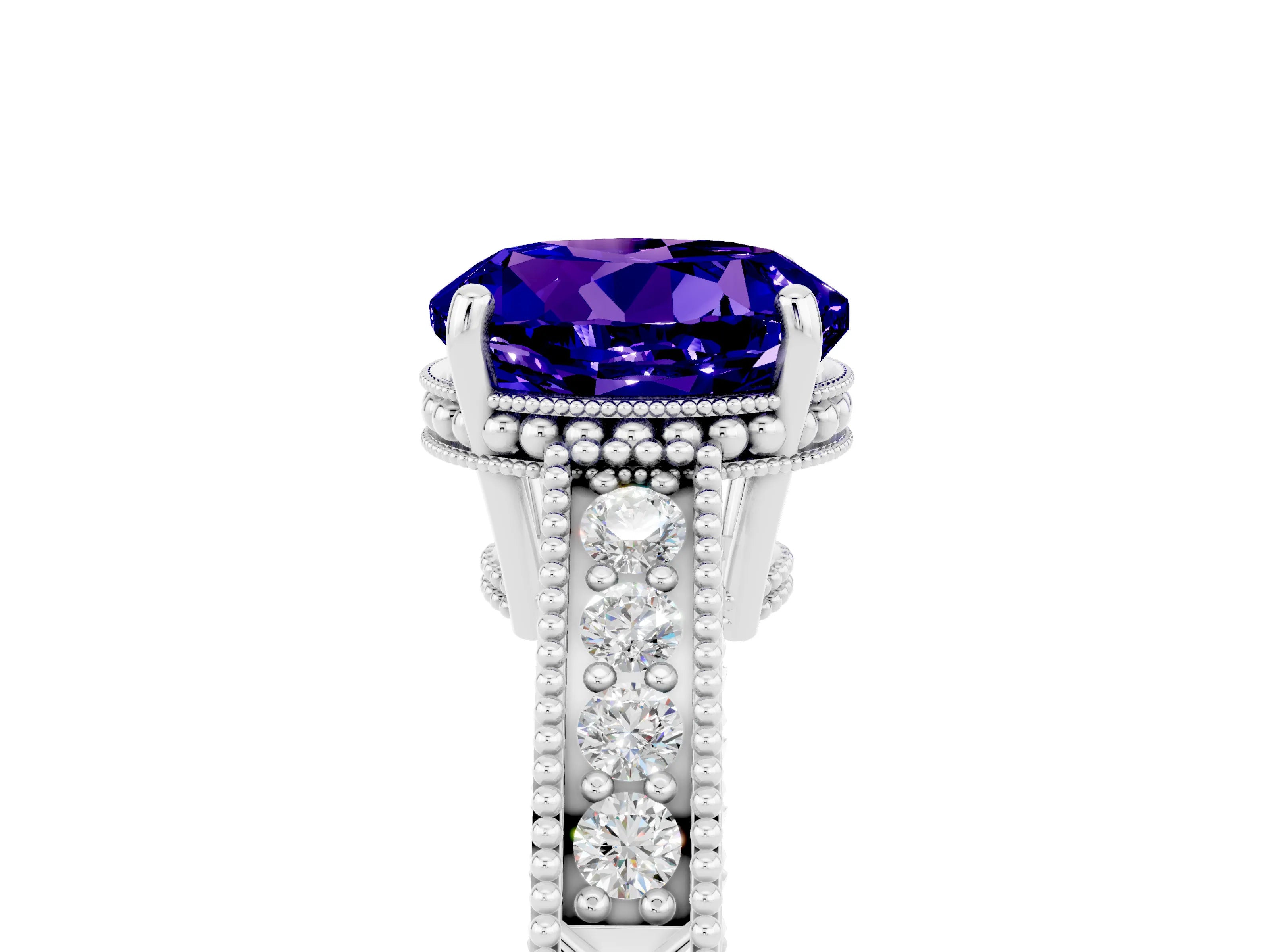 White gold Round Cut Tanzanite Engagement Ring with Milgrain Channel Set Band and Prong Setting_5