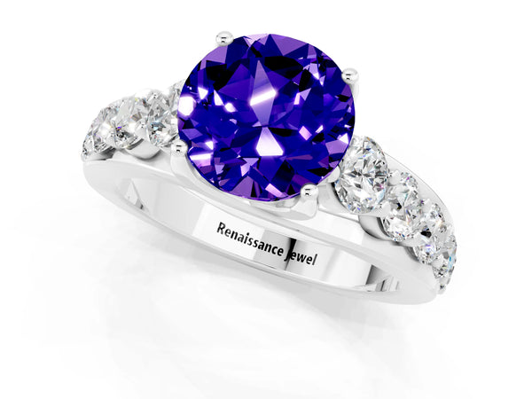 Platinum Round Cut Tanzanite Engagement Ring with Pavé Band and Four-Prong Setting