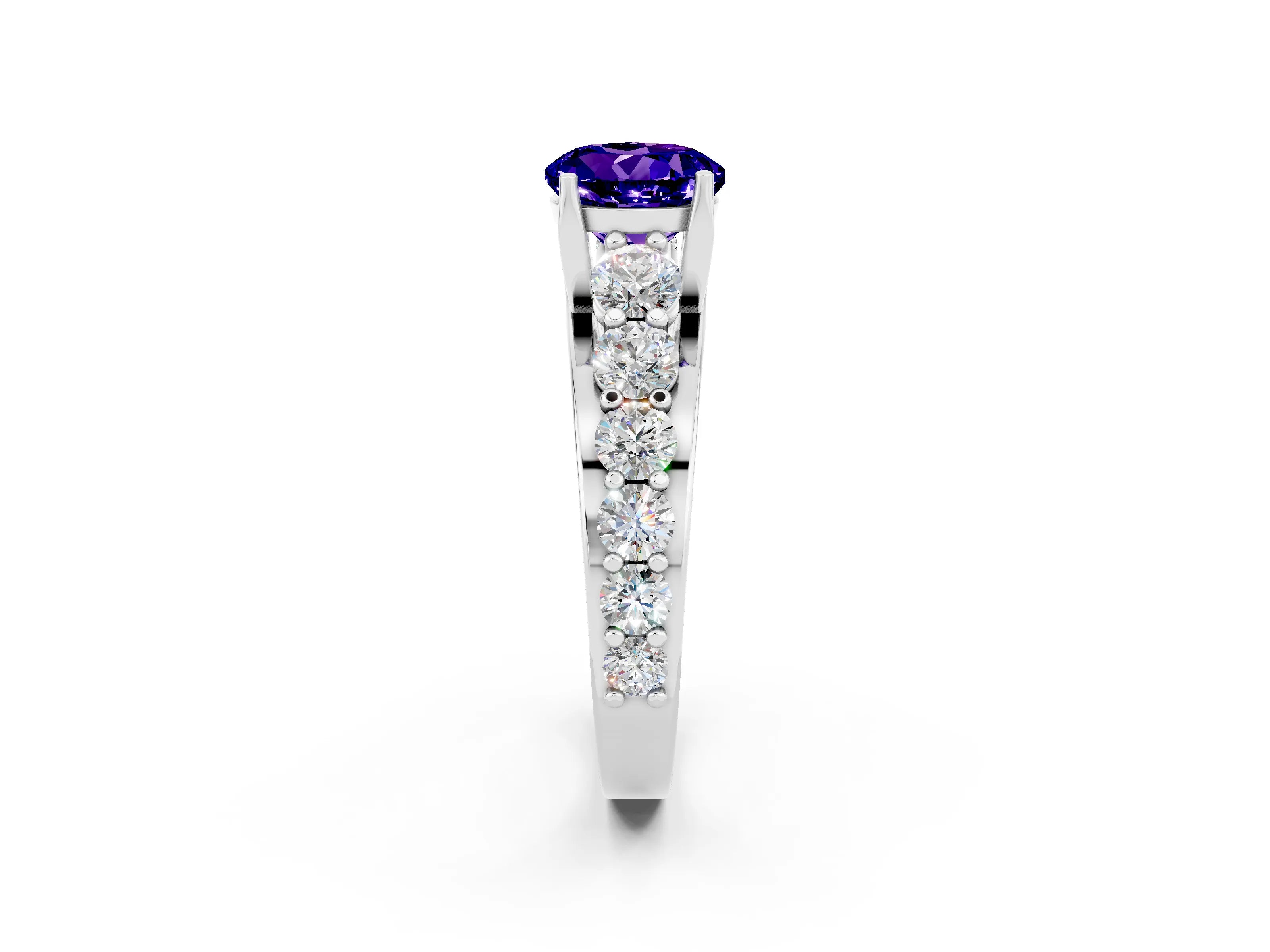 White gold Round Cut Tanzanite Engagement Ring with Pavé Band and Four-Prong Setting_2