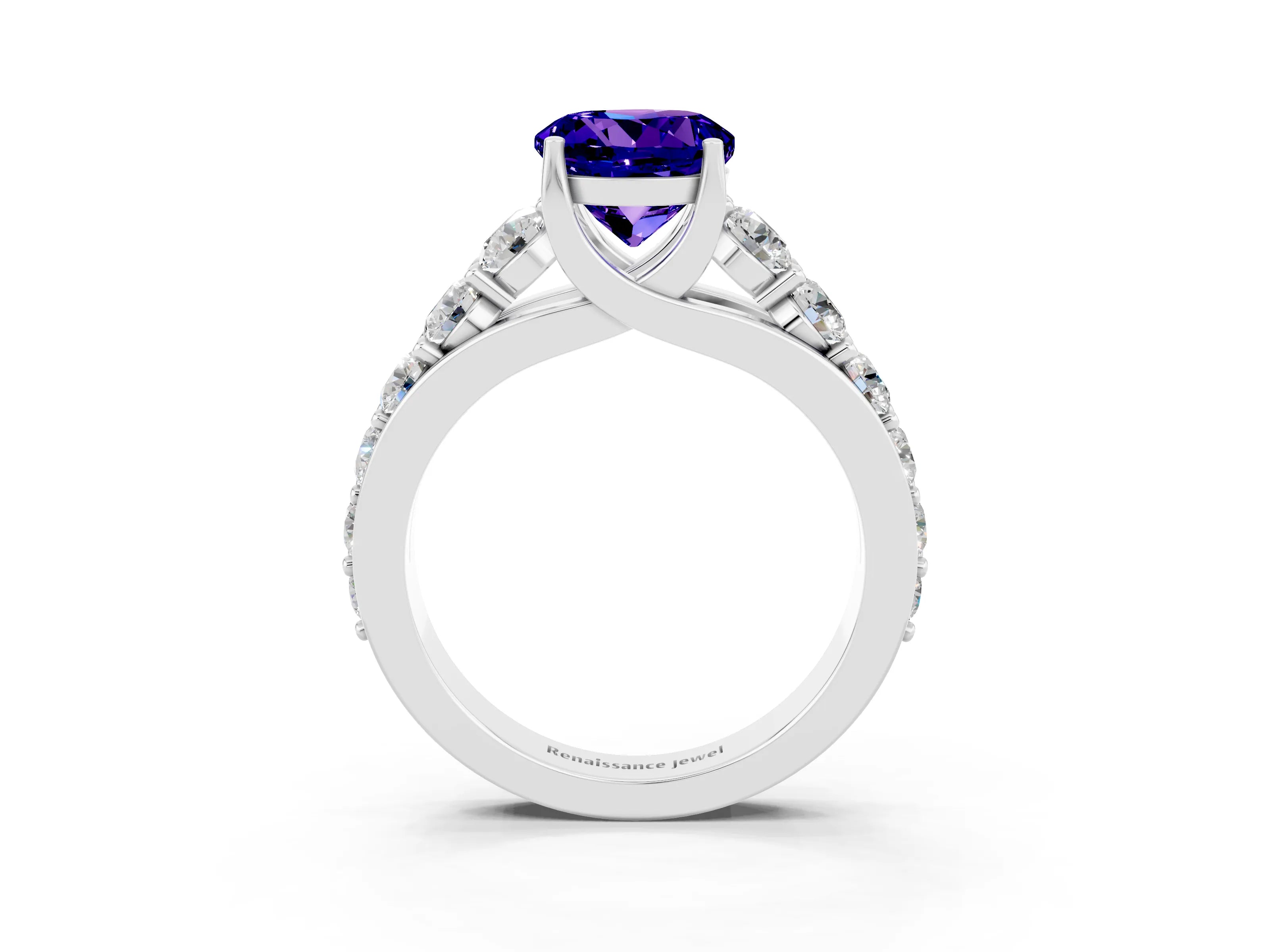 White gold Round Cut Tanzanite Engagement Ring with Pavé Band and Four-Prong Setting_3