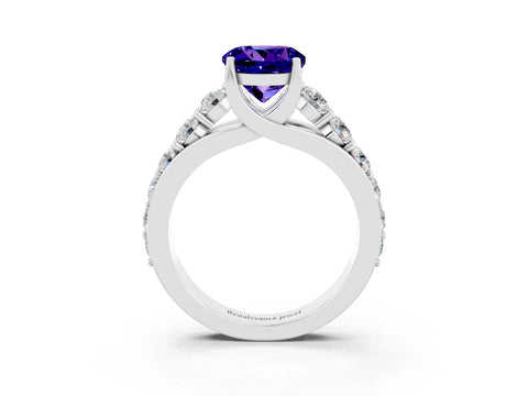 White gold Round Cut Tanzanite Engagement Ring with Pavé Band and Four-Prong Setting_3