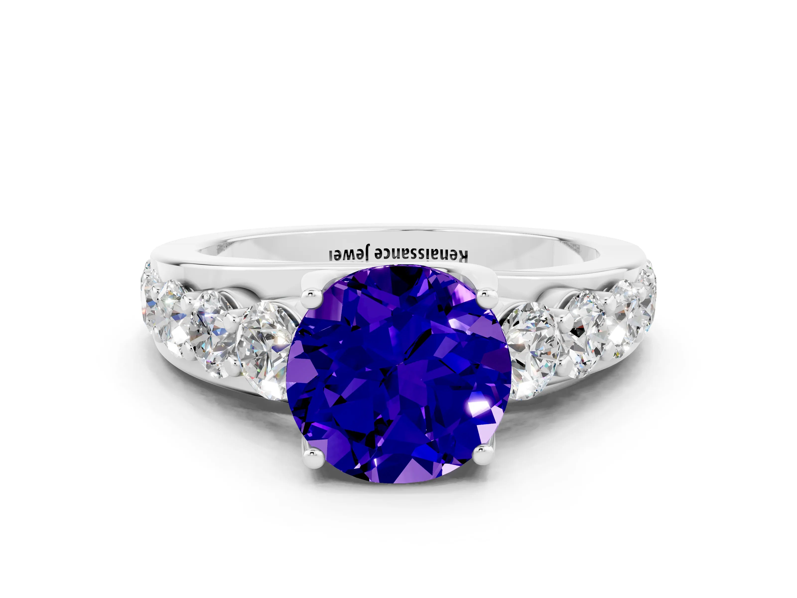 White gold Round Cut Tanzanite Engagement Ring with Pavé Band and Four-Prong Setting