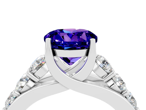 White gold Round Cut Tanzanite Engagement Ring with Pavé Band and Four-Prong Setting_4