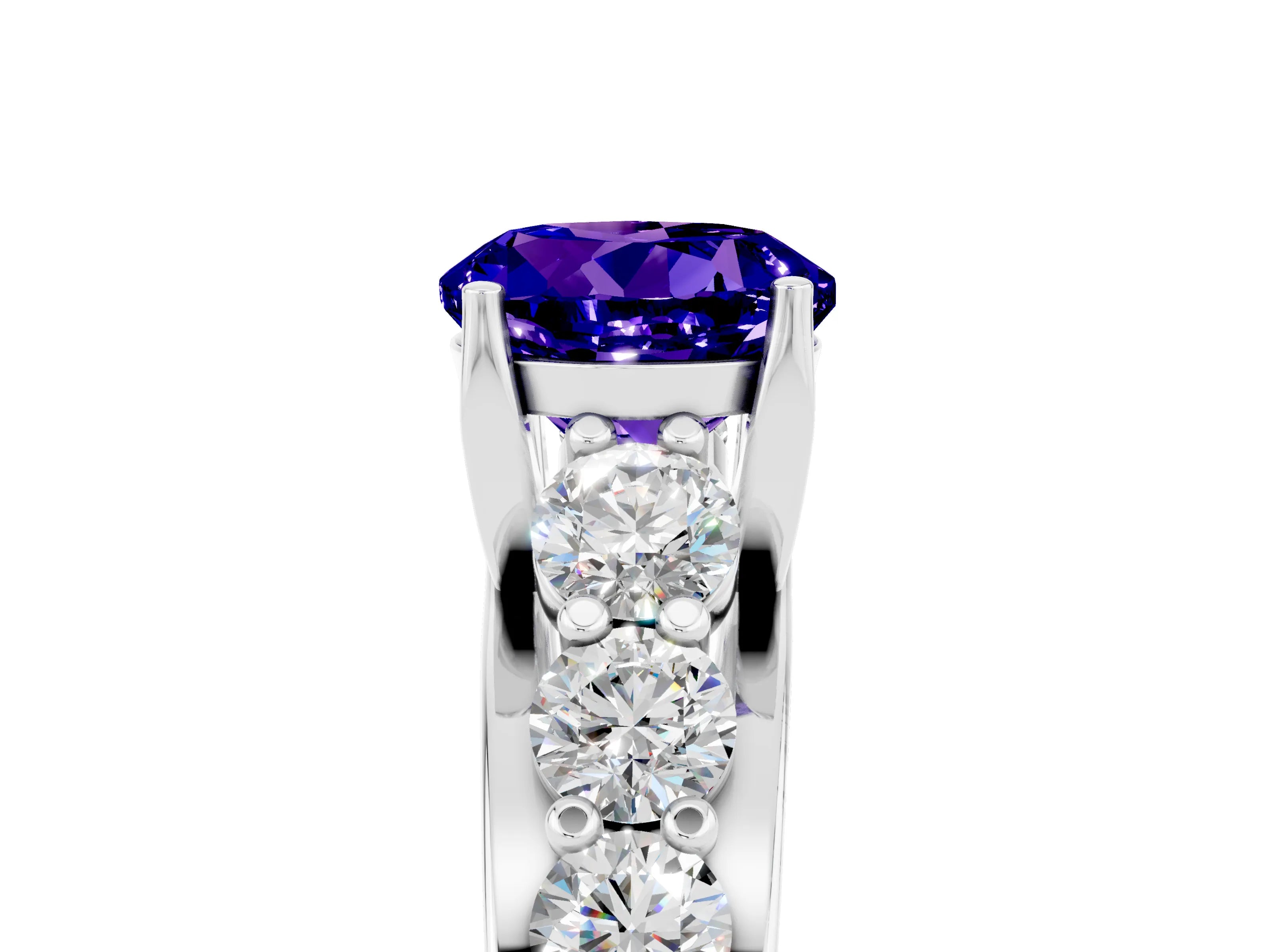 White gold Round Cut Tanzanite Engagement Ring with Pavé Band and Four-Prong Setting_5