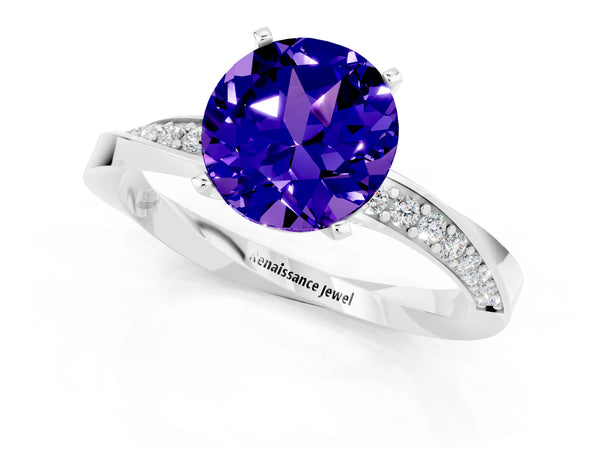 Platinum Round Cut Tanzanite Engagement Ring with Side Stone Accents and Four-Prong Setting