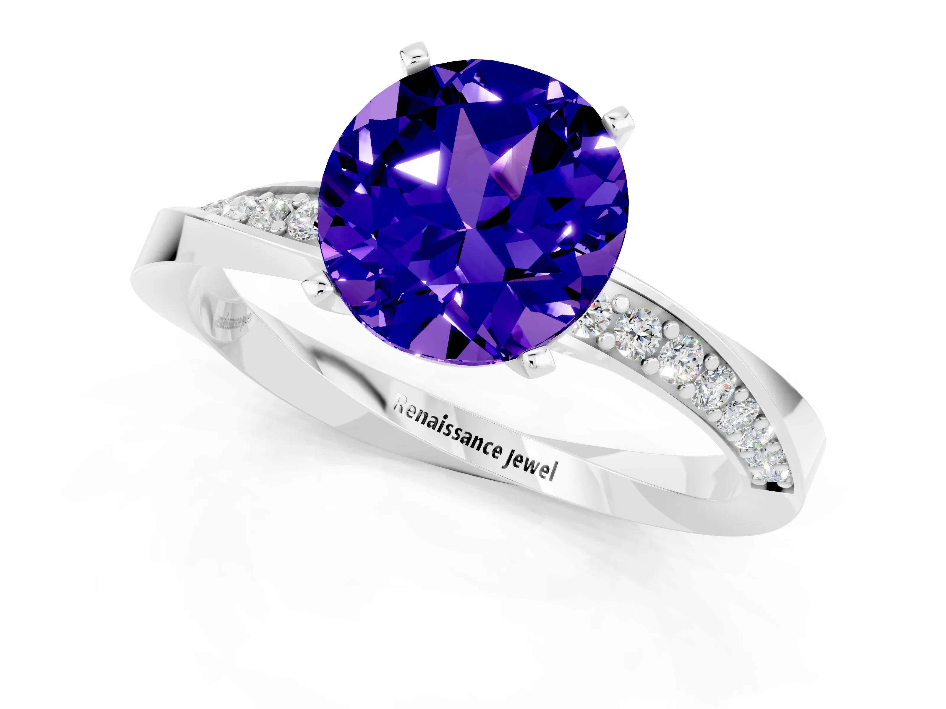 White gold Round Cut Tanzanite Engagement Ring with Side Stone Accents and Four-Prong Setting_28