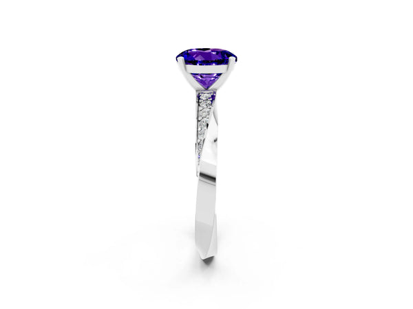 Silver Round Cut Tanzanite Engagement Ring with Side Stone Accents and Four-Prong Setting