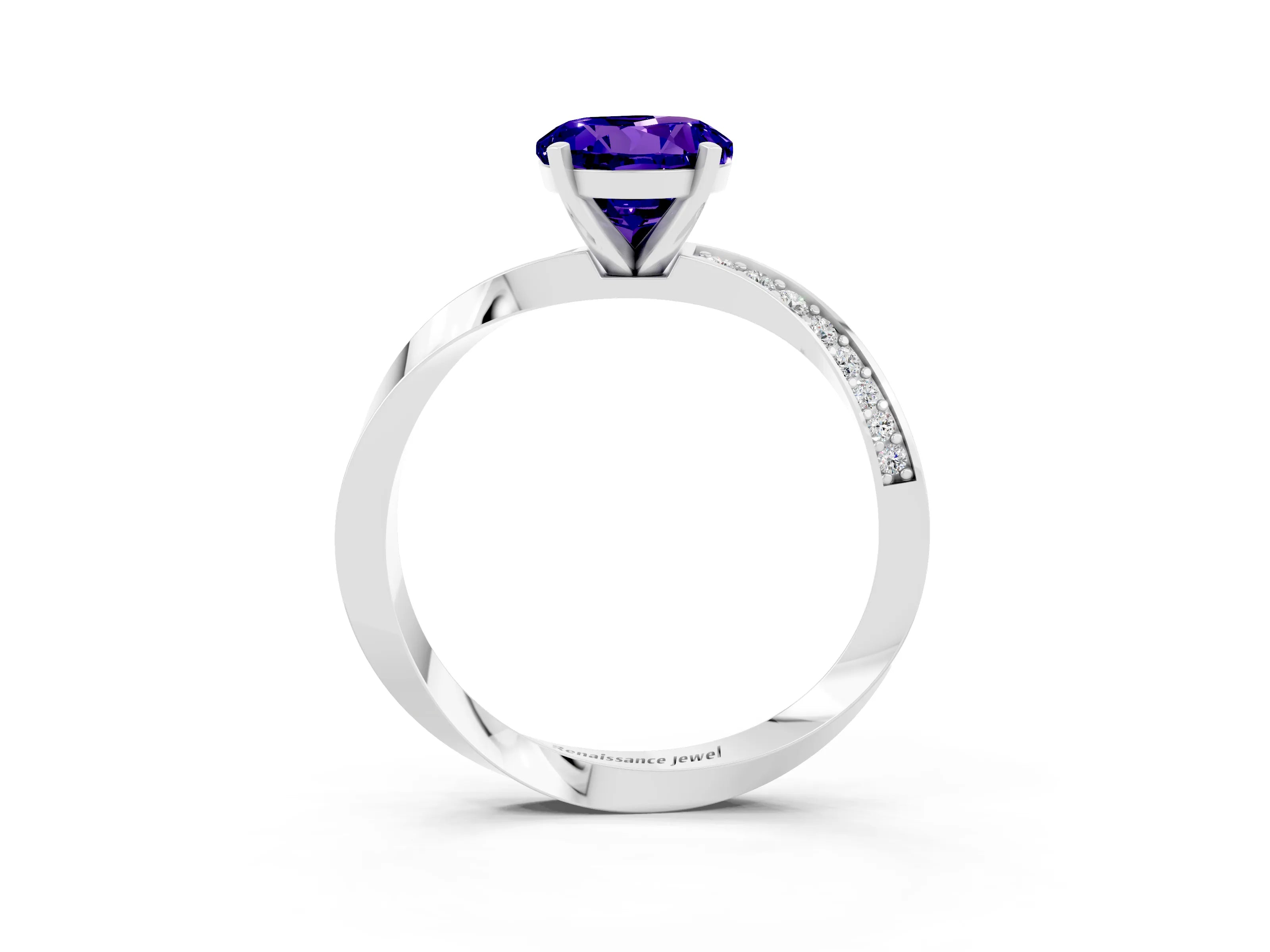 White gold Round Cut Tanzanite Engagement Ring with Side Stone Accents and Four-Prong Setting_30