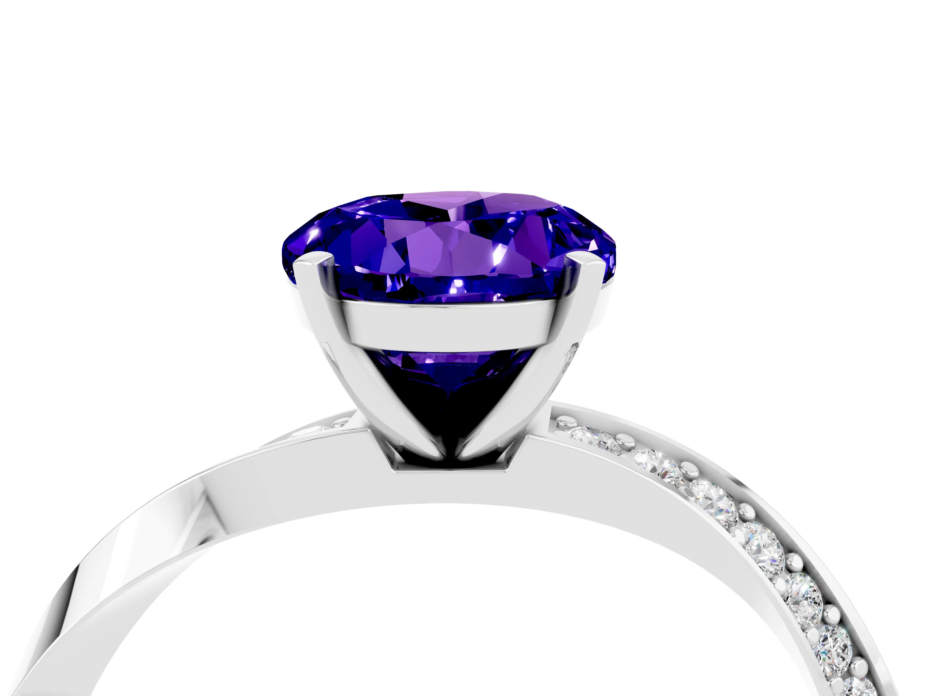 White gold Round Cut Tanzanite Engagement Ring with Side Stone Accents and Four-Prong Setting_31