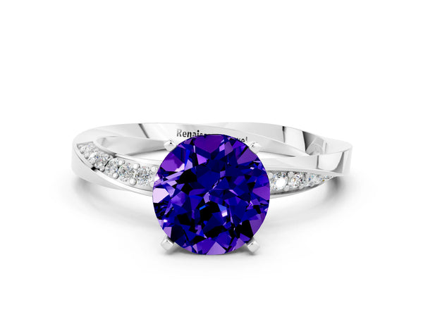 White gold Round Cut Tanzanite Engagement Ring with Side Stone Accents and Four-Prong Setting