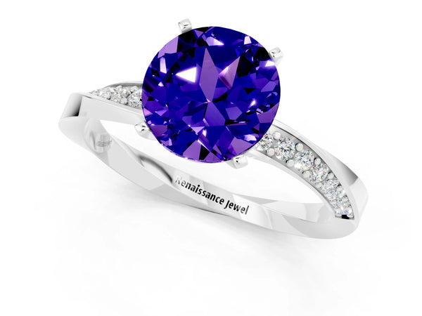 White gold Round Cut Tanzanite Engagement Ring with Side Stone Accents and Four-Prong Setting