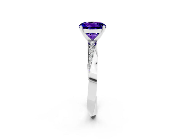 White gold Round Cut Tanzanite Engagement Ring with Side Stone Accents and Four-Prong Setting