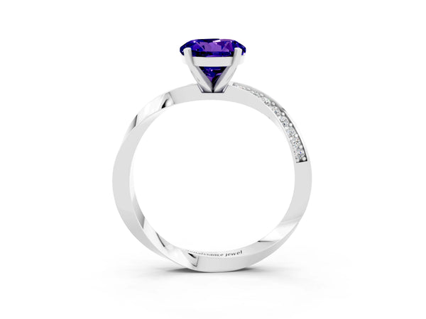 White gold Round Cut Tanzanite Engagement Ring with Side Stone Accents and Four-Prong Setting